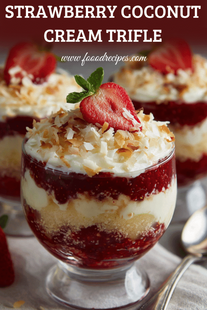 Strawberry Coconut Cream Trifle layered dessert with fresh strawberries, whipped cream, and toasted coconut in glass cups
