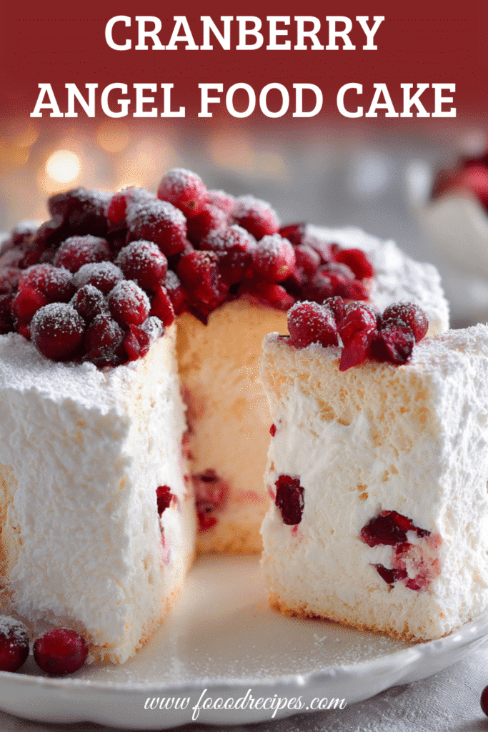 Holiday Cranberry Angel Food Cake Dessert topped with fresh cranberries and powdered sugar