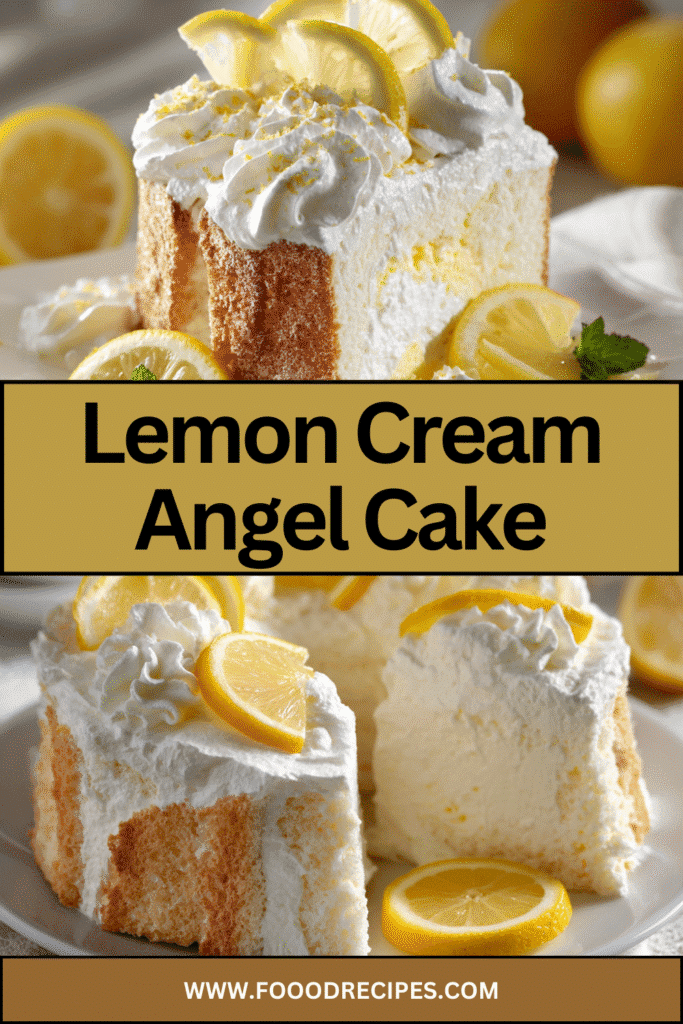 Fluffy lemon cream angel food cake dessert topped with whipped cream and fresh lemon slices.