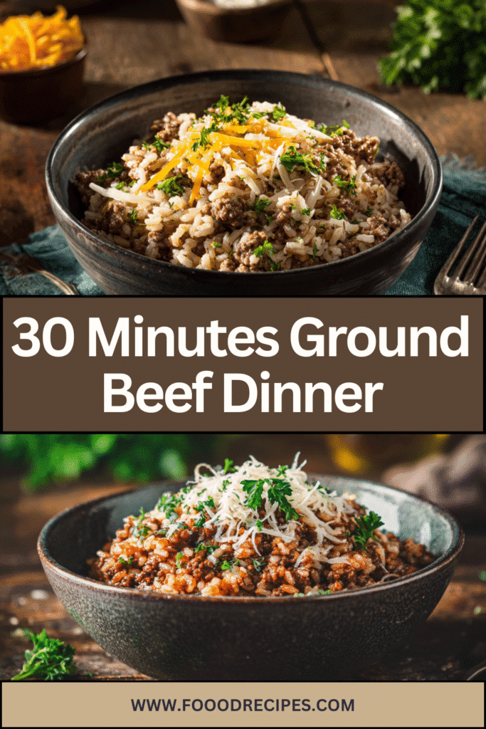 Ground beef dinner ready in 30 minutes served with rice and cheese in a bowl