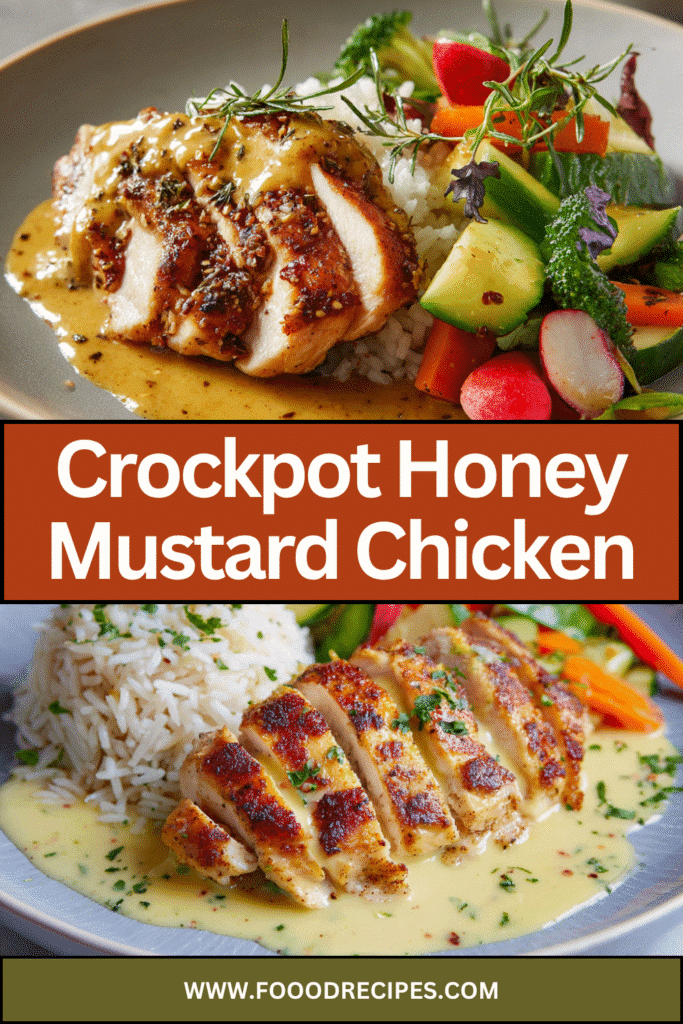Crockpot Honey Mustard Chicken served with rice and vegetables
