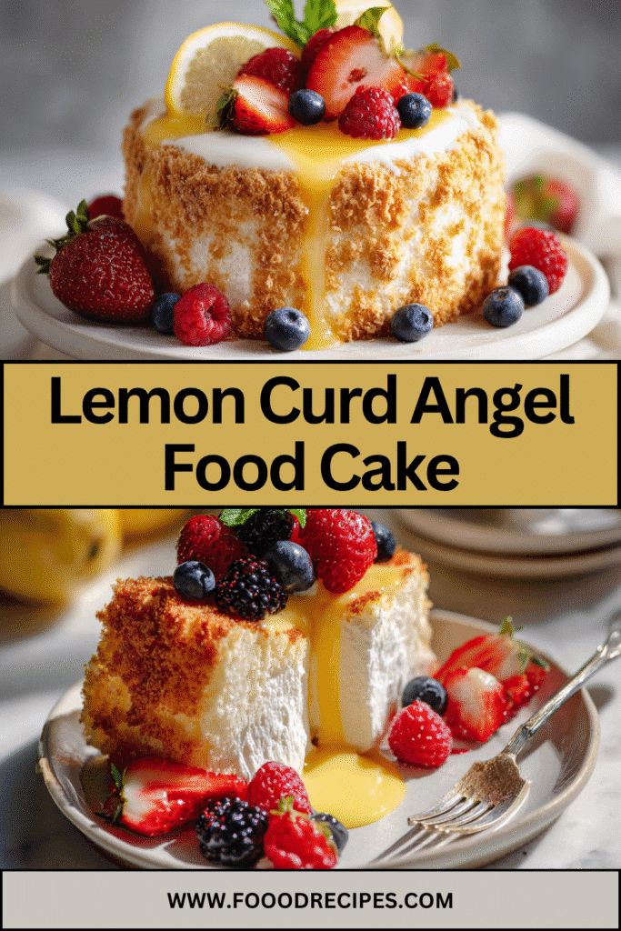 Angel Food Cake with Lemon Curd & Berries topped with fresh strawberries blueberries and lemon glaze