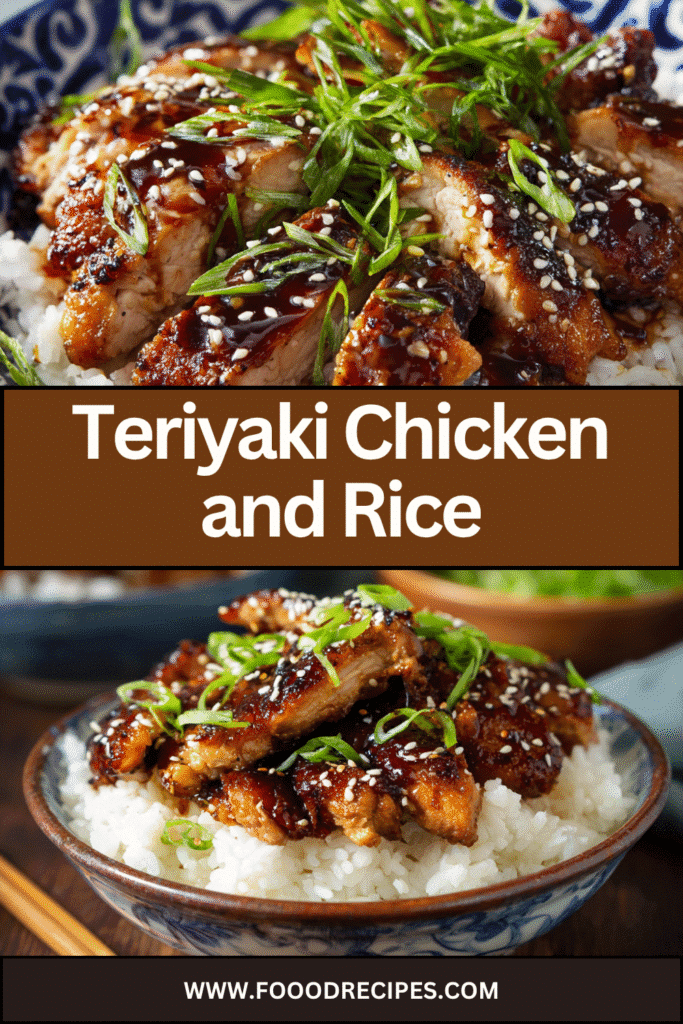 Crockpot teriyaki chicken and rice served with sesame seeds and green onions
