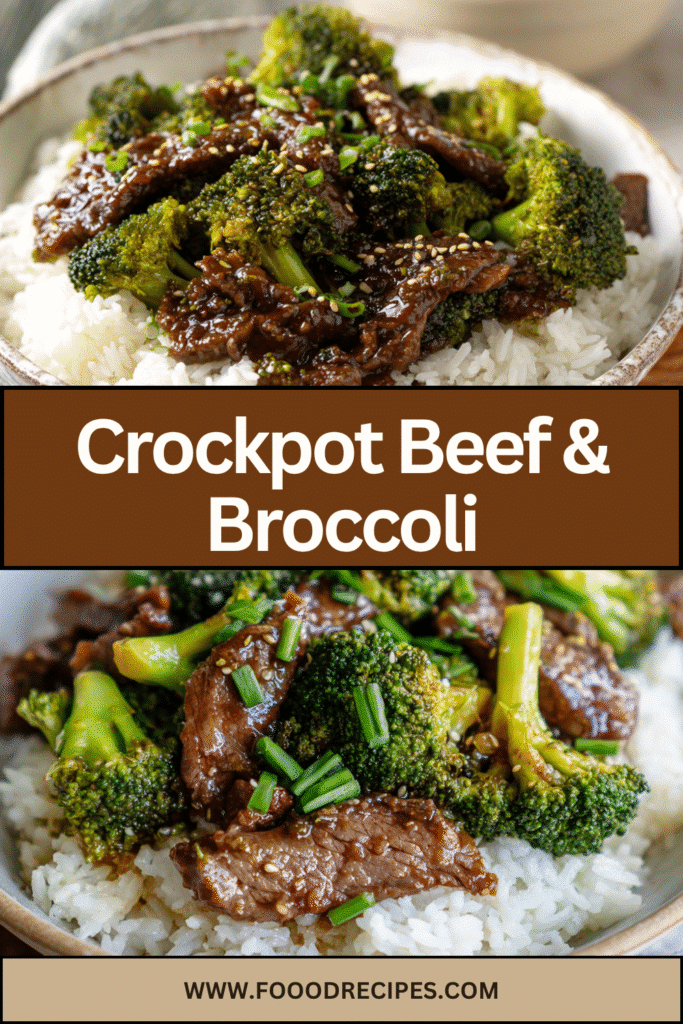 Crockpot beef and broccoli dinner served over rice with tender beef and fresh broccoli