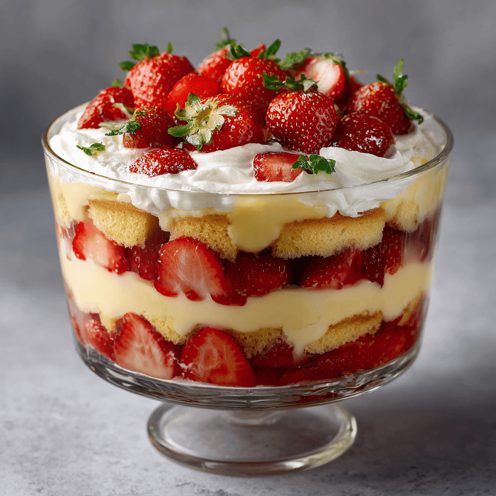 strawberry trifle with homemade custard in glass bowl