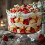Strawberry White Chocolate Trifle layered dessert with strawberries and cream
