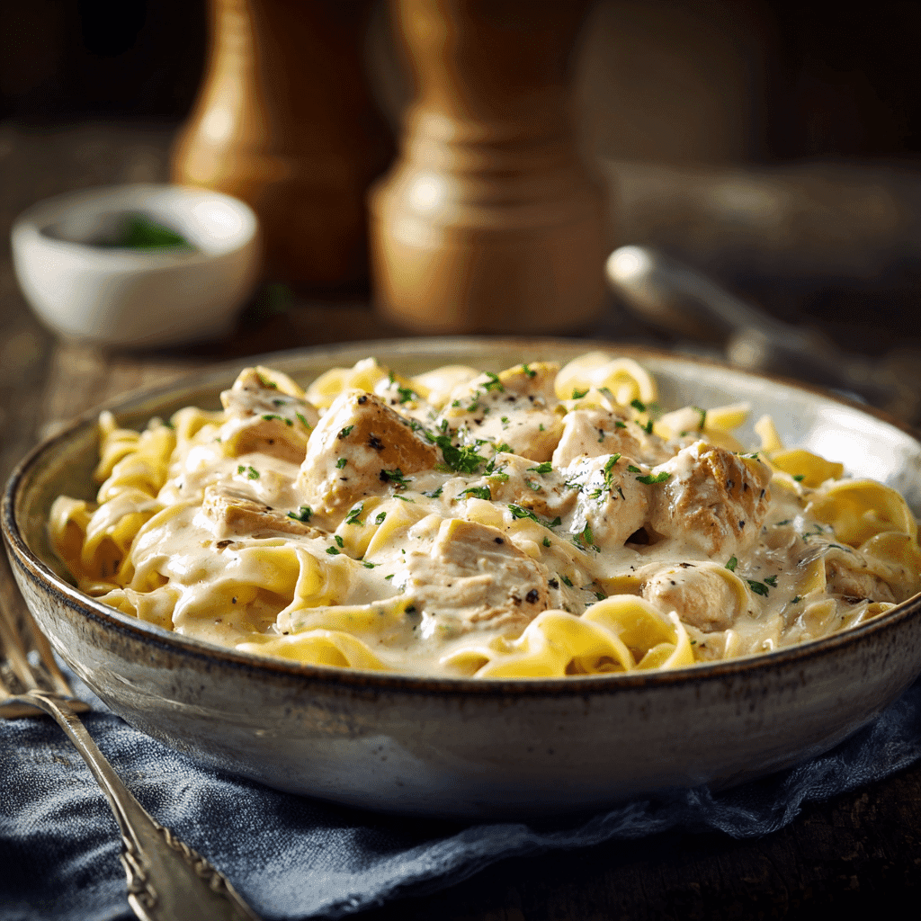 5 ingredient creamy chicken pasta in a bowl