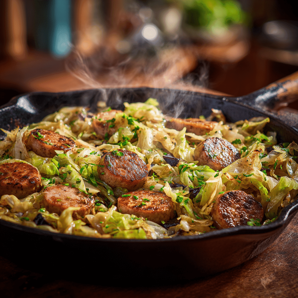 5 ingredient sausage and cabbage stir fry in skillet