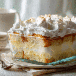 Angel Food Cake and Vanilla Pudding Dessert layered in glass dish