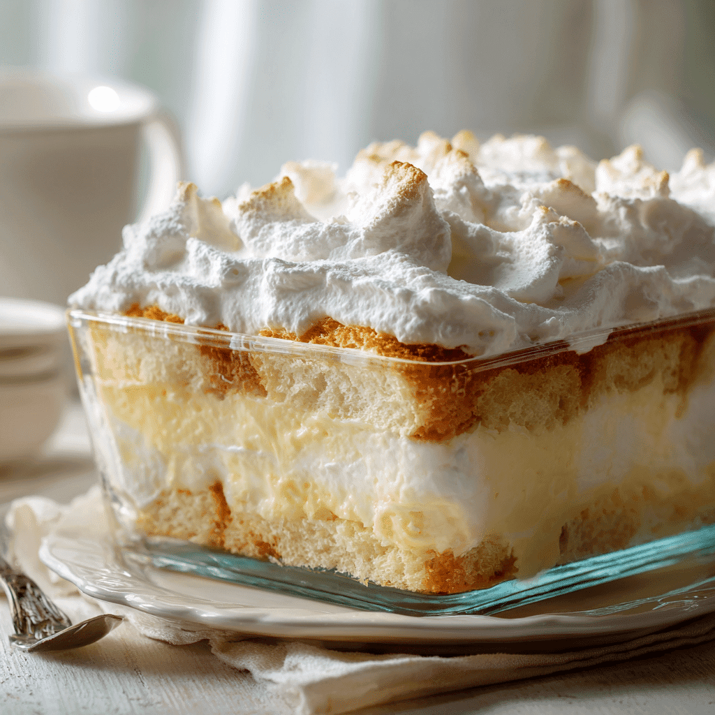 Angel Food Cake and Vanilla Pudding Dessert layered in glass dish