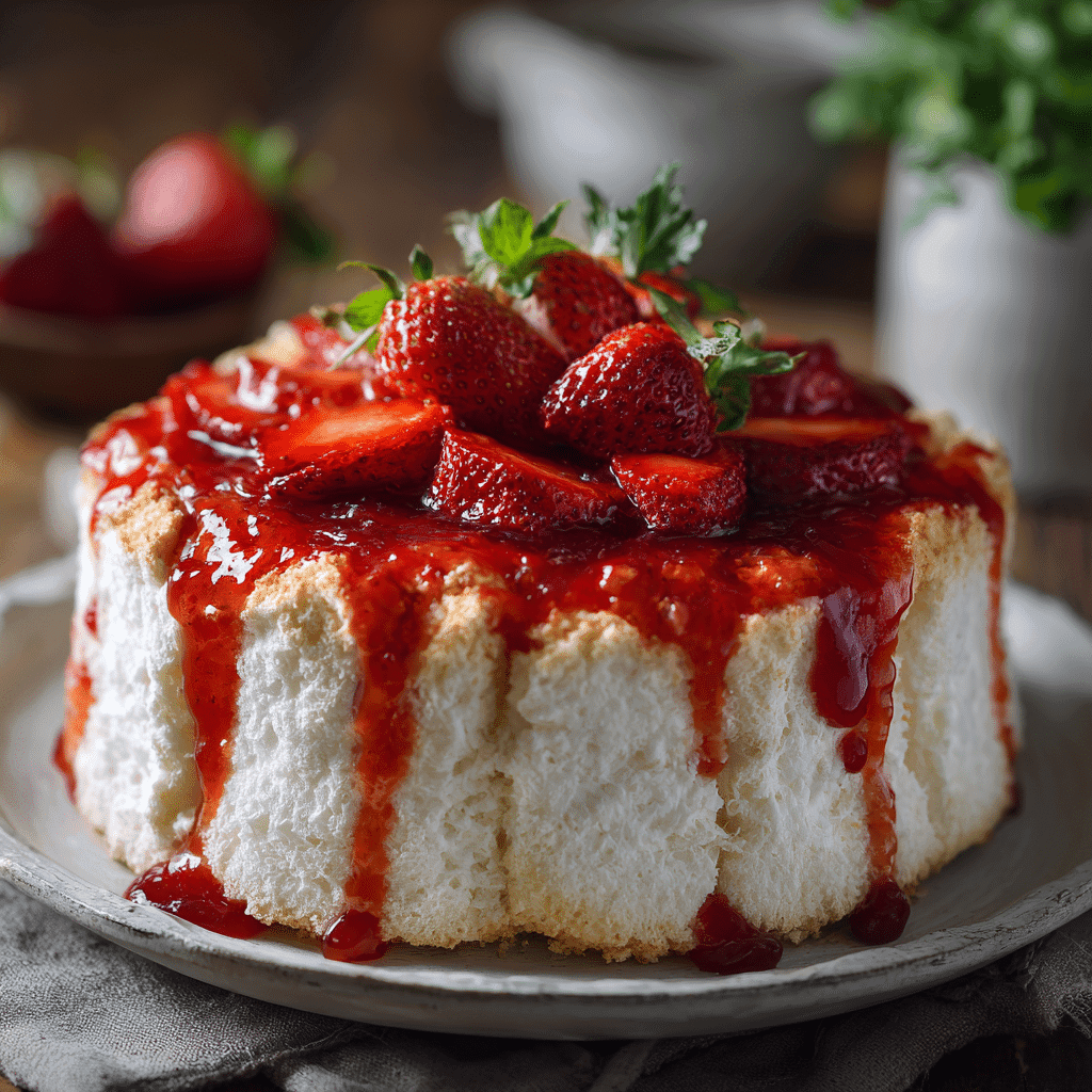 angel food cake with strawberry glaze served fresh