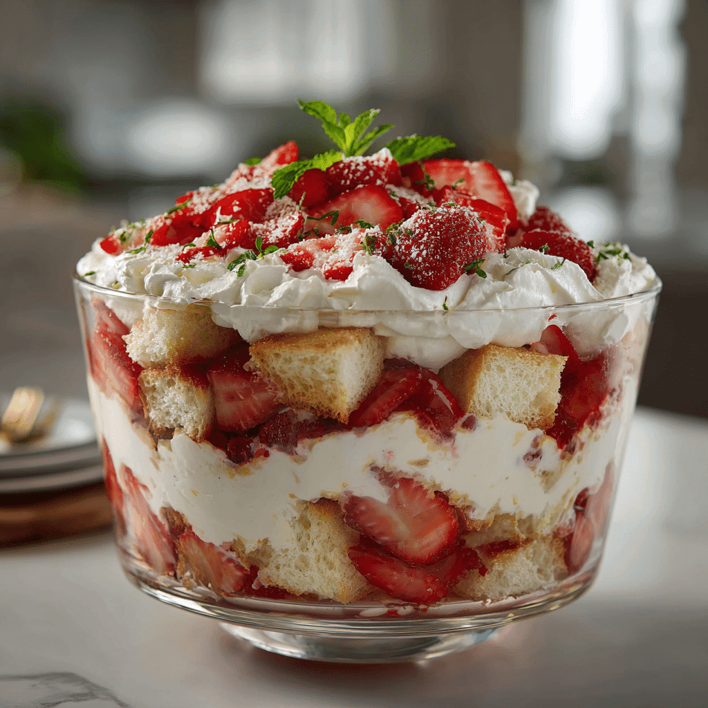 Classic Strawberry Angel Food Cake Trifle layered in glass bowl