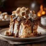 Angel Food Cake S’mores Dessert with melted chocolate and marshmallows
