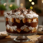 Chocolate Angel Food Cake Layered Dessert in glass trifle bowl
