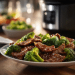 Crockpot beef and broccoli dinner served fresh