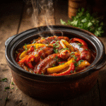 Crockpot Sausage and Peppers slow cooker dinner with bell peppers