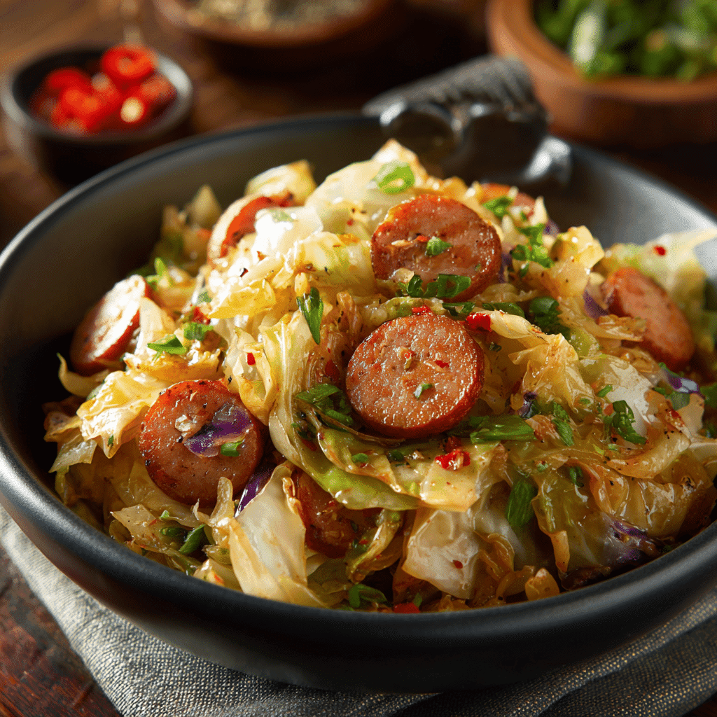 serving sausage and cabbage stir fry