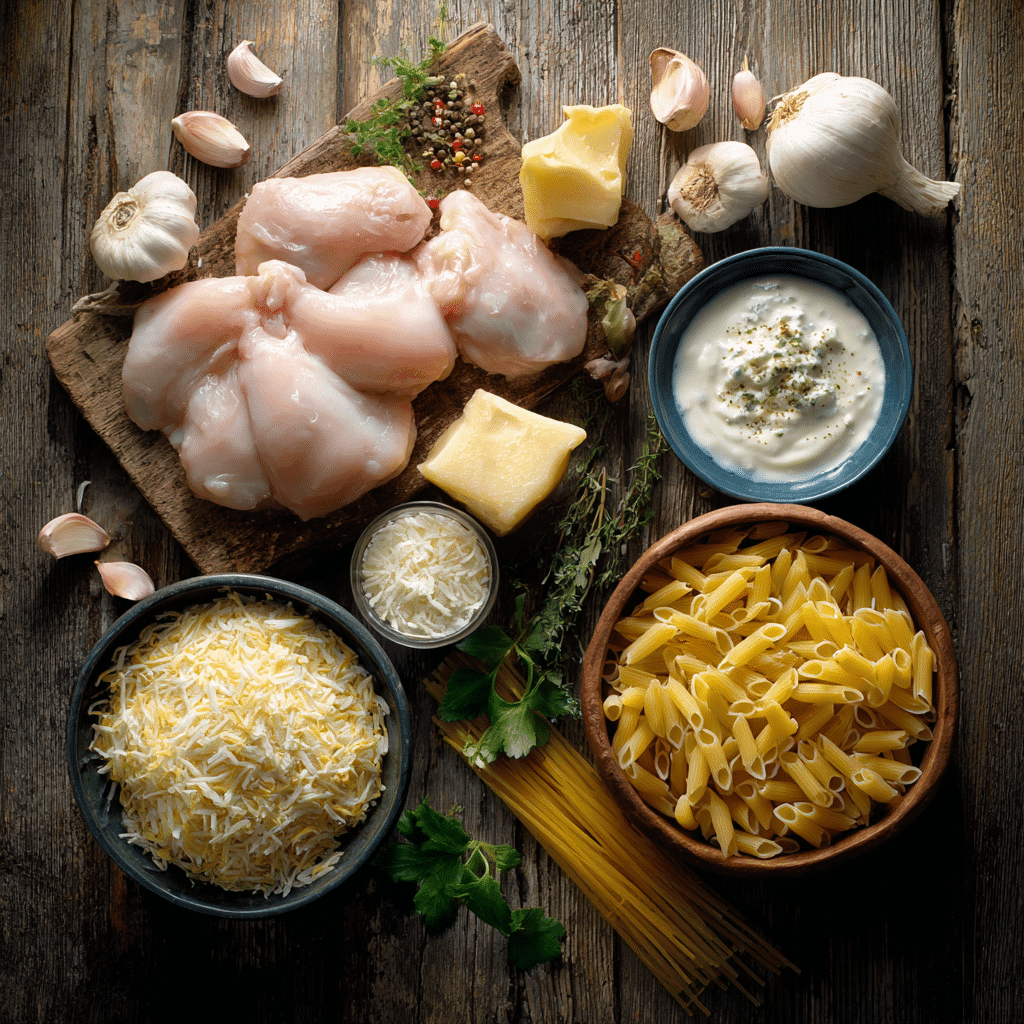 ingredients for 5 ingredient creamy chicken pasta