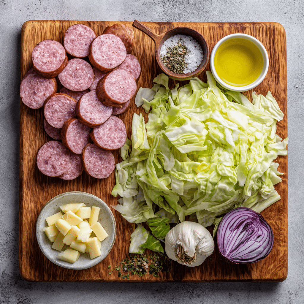 ingredients for 5 ingredient sausage and cabbage stir fry