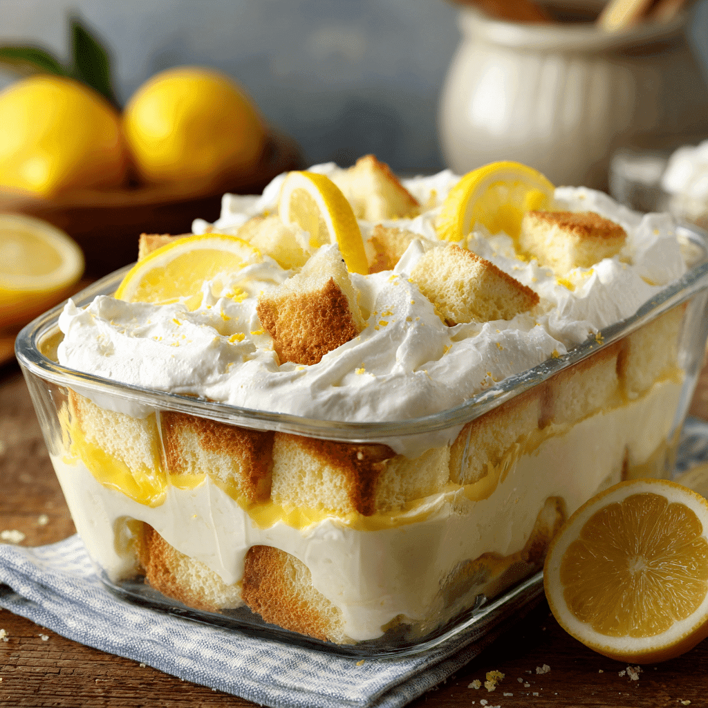 Lemon cream angel food cake dessert layered with whipped cream and lemon topping