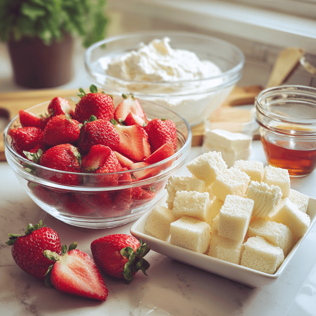 Ingredients for no-bake strawberry cheesecake trifle