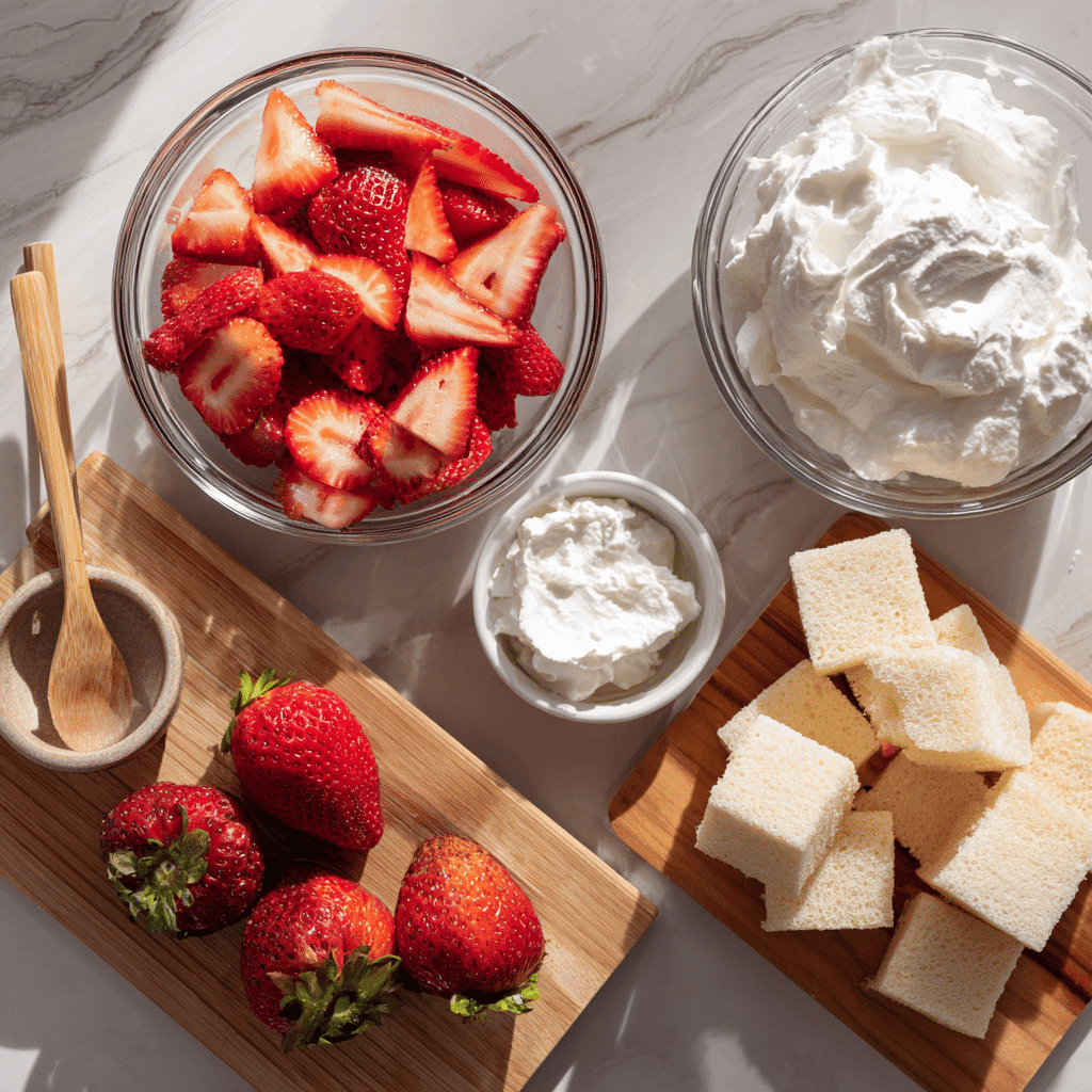 Ingredients for Strawberry Coconut Cream Trifle with fresh strawberries and coconut cream