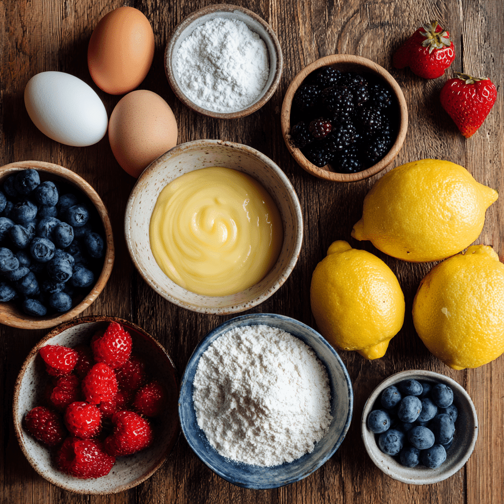 Ingredients for Angel Food Cake with Lemon Curd & Berries