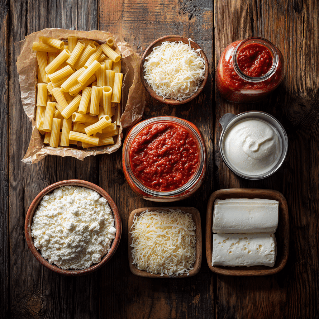 Ingredients for 5 ingredient baked ziti dinner