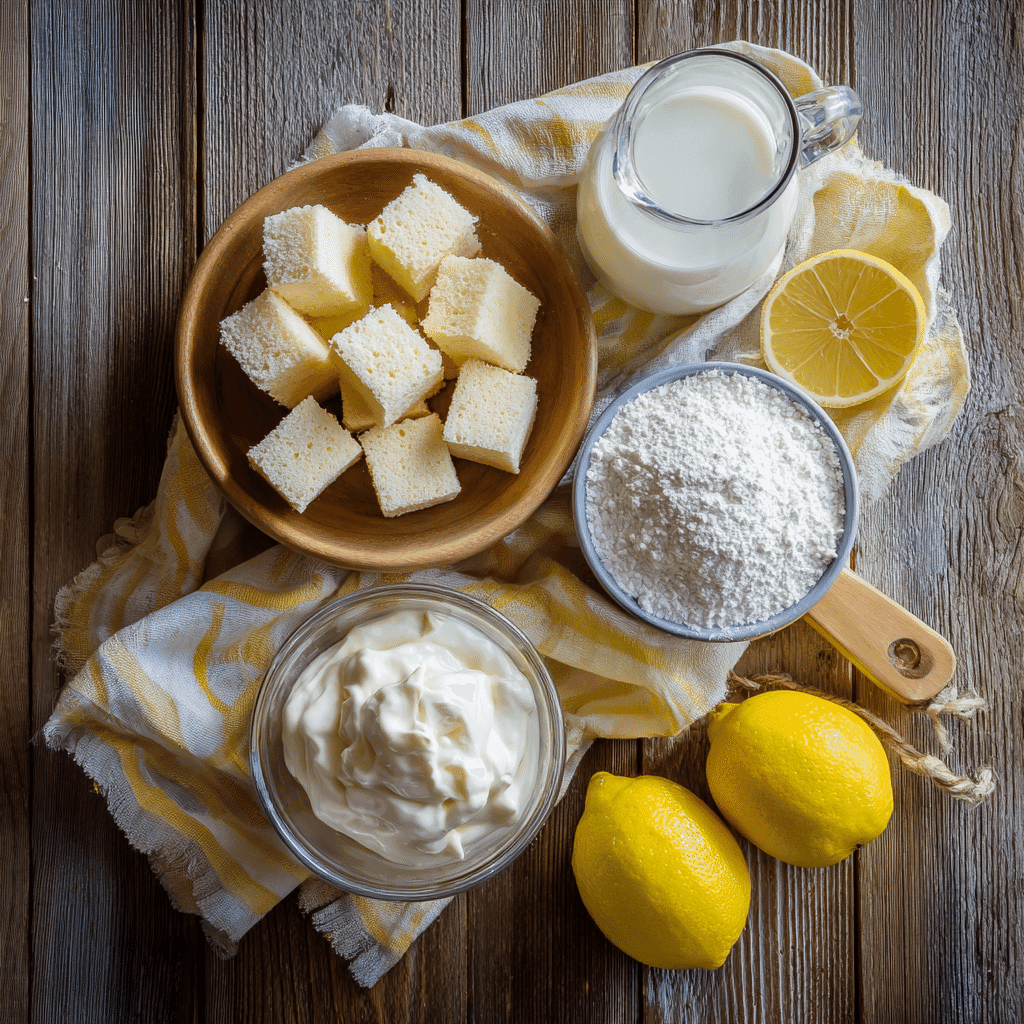 Ingredients for lemon cream angel food cake dessert including lemon pudding and angel food cake