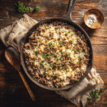 5 ingredient ground beef and rice skillet in a cast iron pan