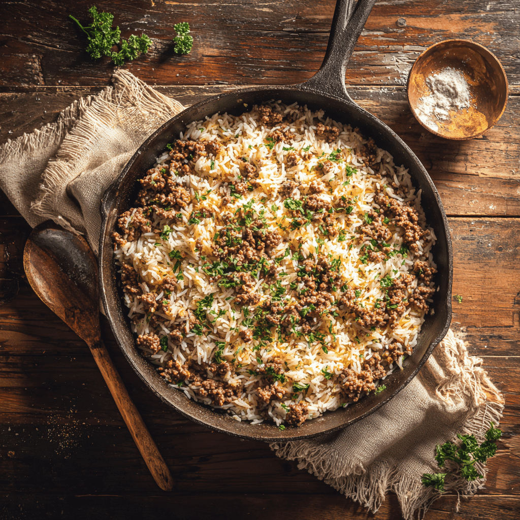 5 ingredient ground beef and rice skillet in a cast iron pan