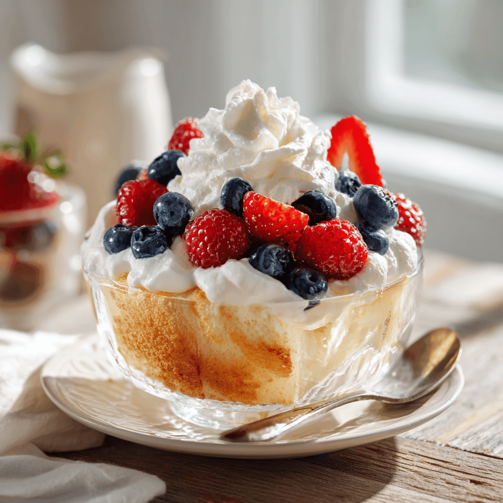 Served Angel Food Cake and Vanilla Pudding Dessert