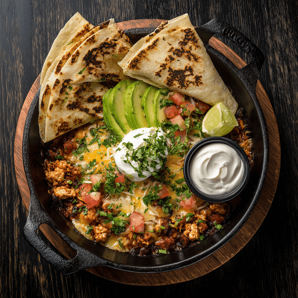 Served easy chicken taco skillet with toppings