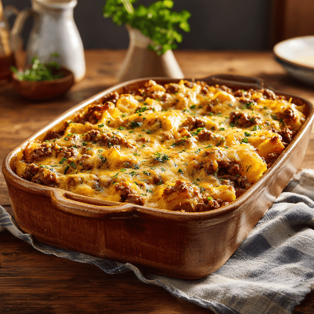 Simple 5 Ingredient Beef and Cheese Bake fresh from oven