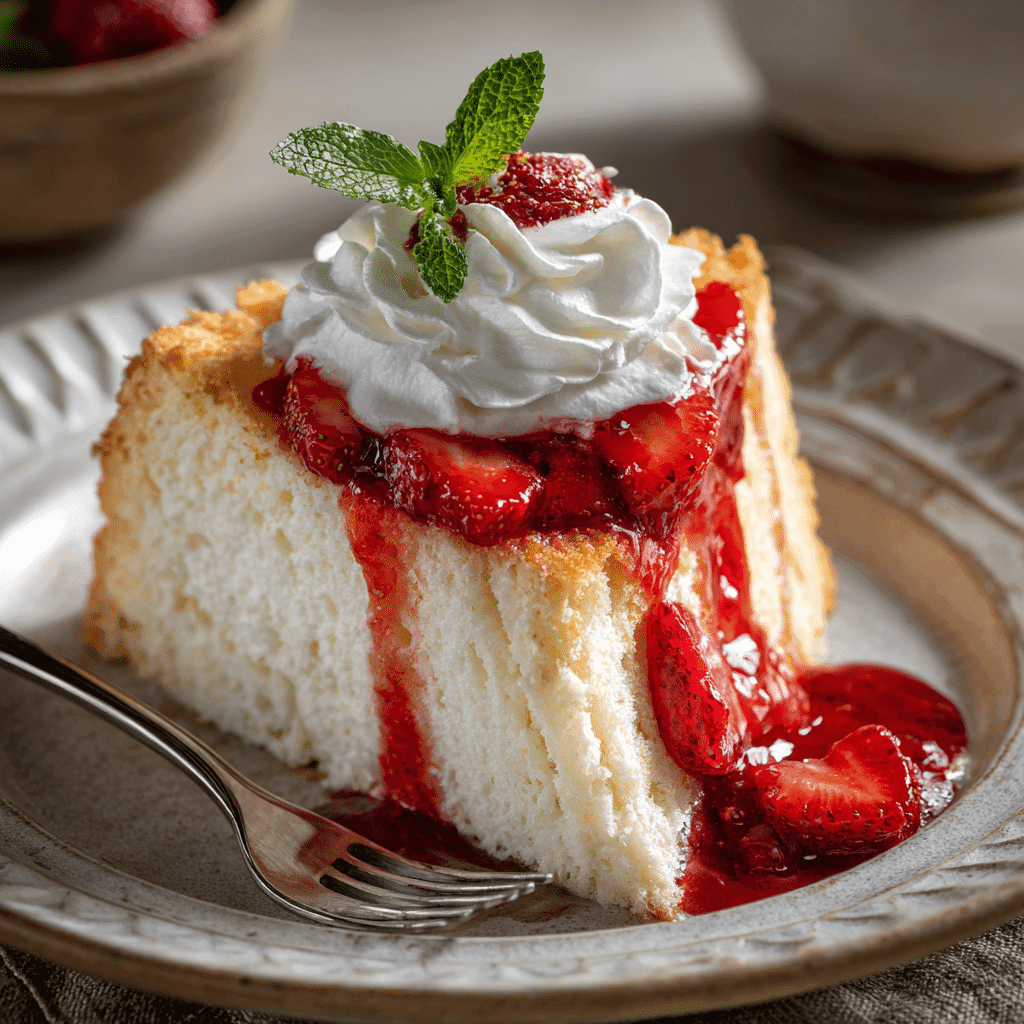 slice of angel food cake with strawberry glaze served