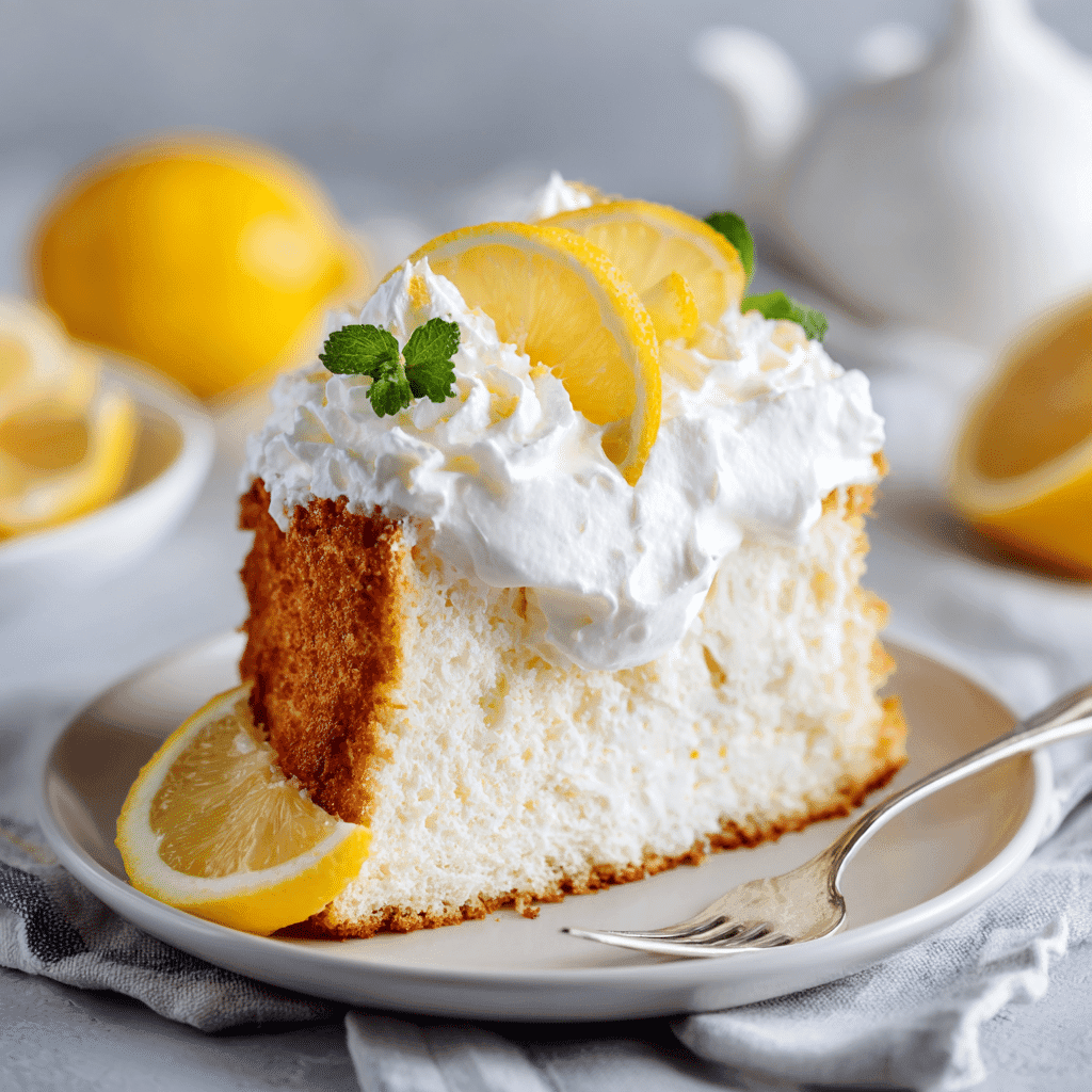 Slice of lemon cream angel food cake dessert served with lemon garnish
