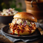 Slow Cooker BBQ Pulled Chicken sandwich with BBQ sauce