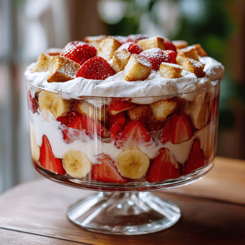 Strawberry Banana Cream Trifle Dessert layered with strawberries bananas and cream