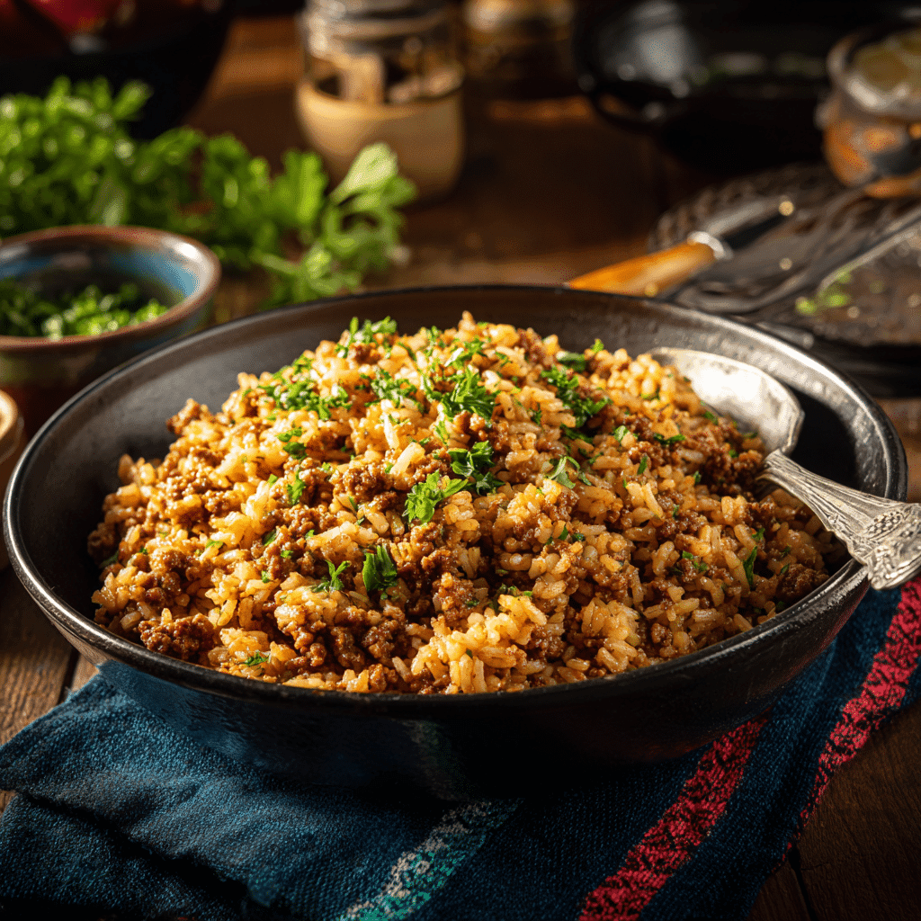 serving ground beef and rice skillet dinner