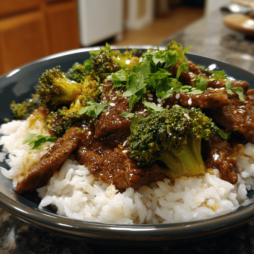 crockpot beef and broccoli dinner served with rice