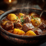 slow cooker beef and potato stew in rustic bowl