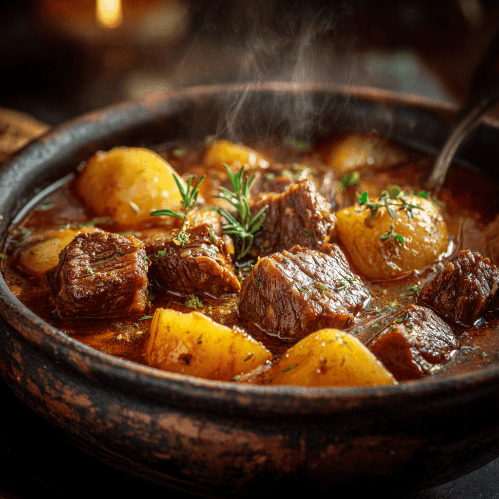 slow cooker beef and potato stew in rustic bowl