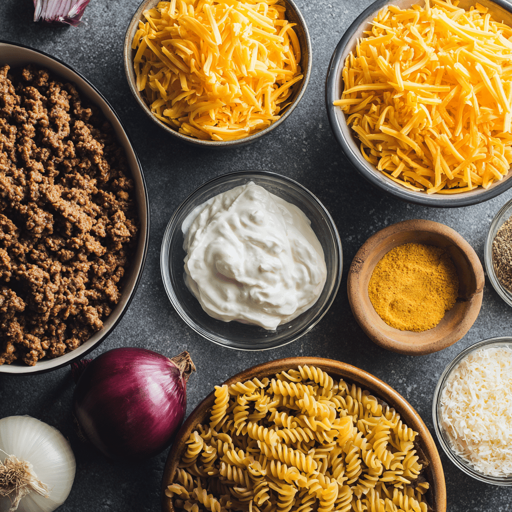 Ingredients for cheesy ground beef dinner bake