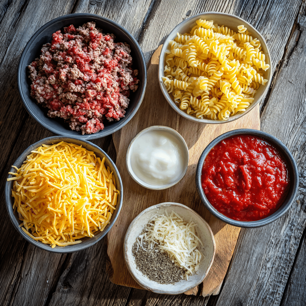 Ingredients for Simple 5 Ingredient Beef and Cheese Bake
