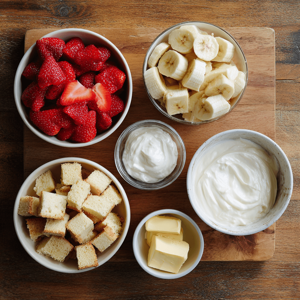 Ingredients for strawberry banana cream trifle dessert