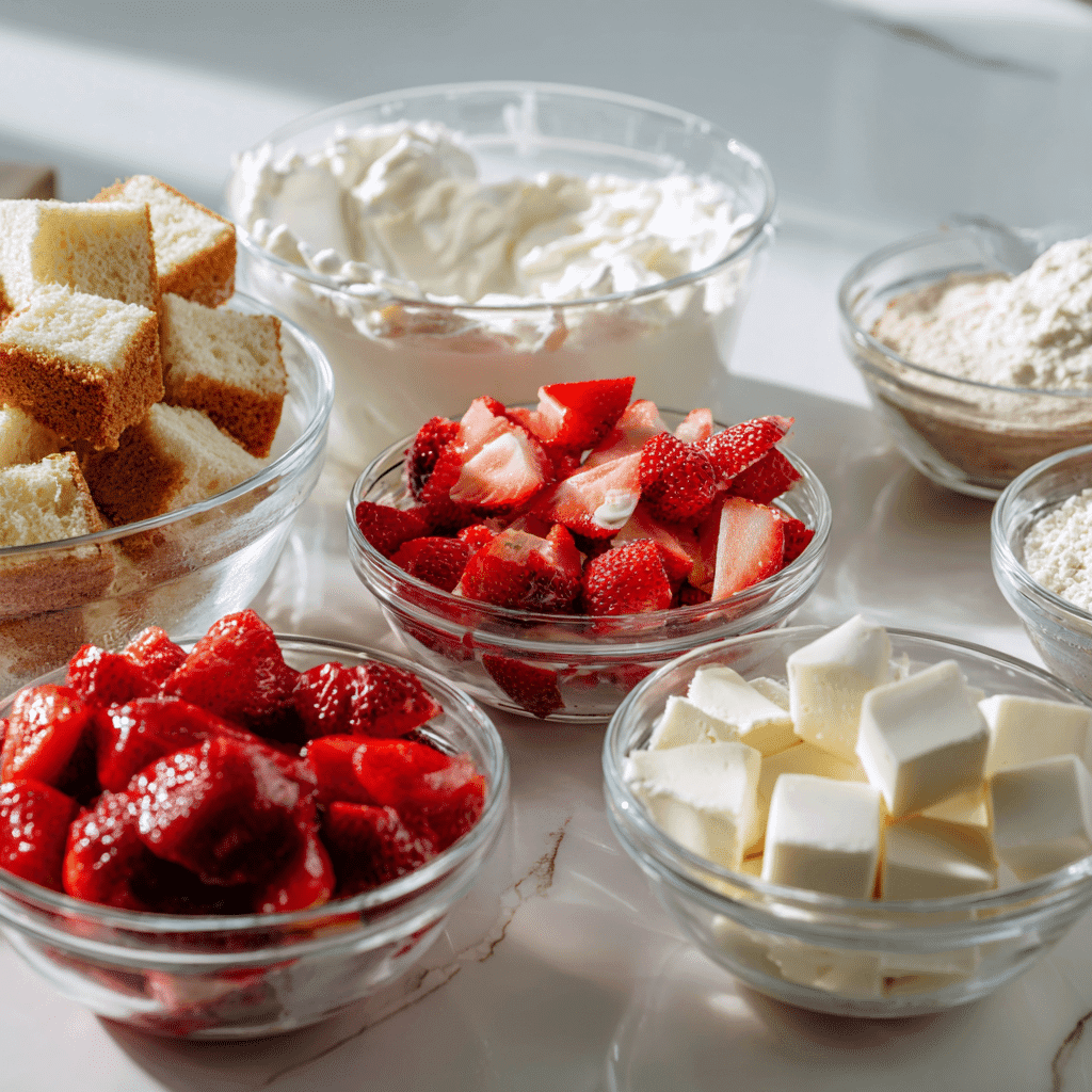 Ingredients for strawberry cheesecake pudding trifle