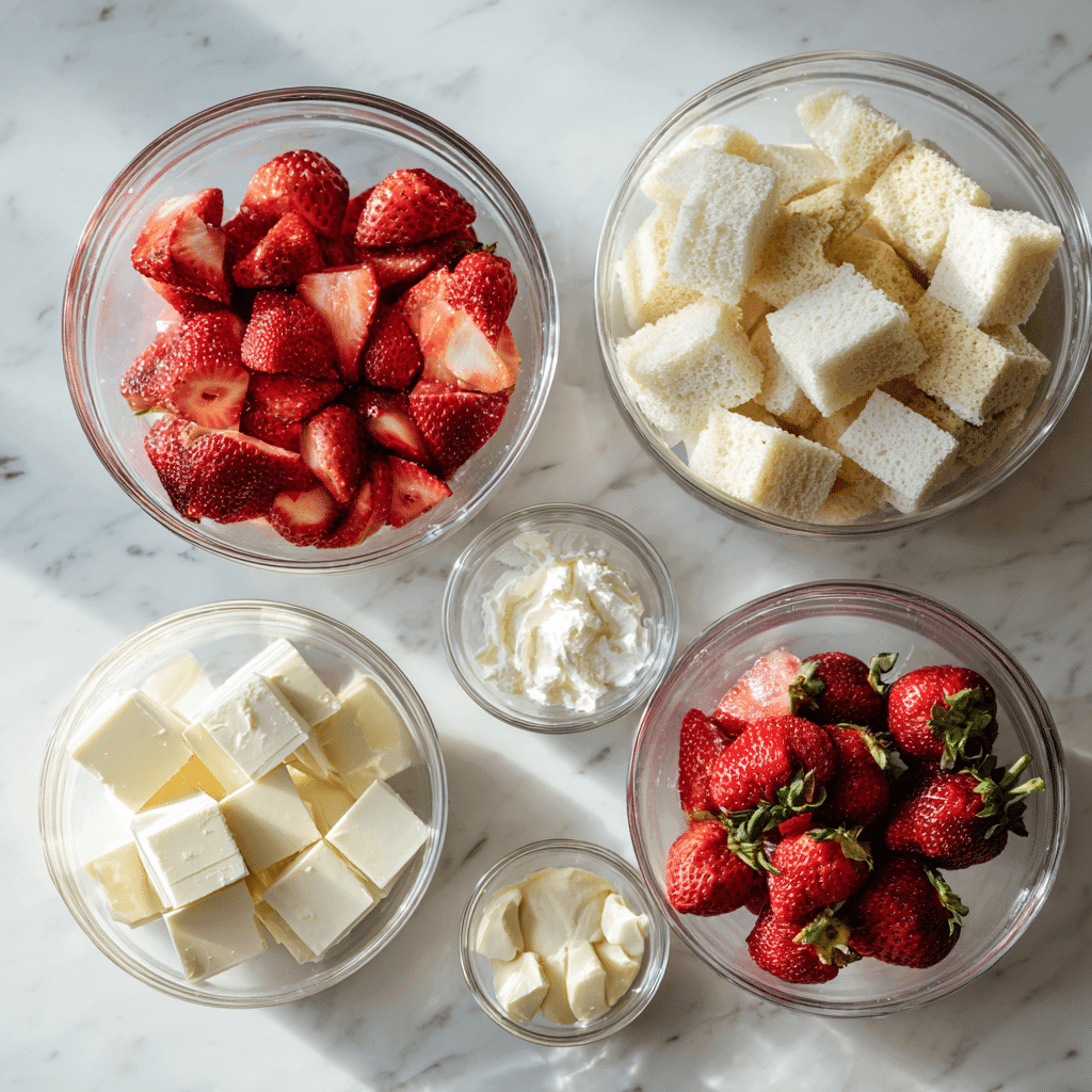 Ingredients for strawberry white chocolate trifle including strawberries and white chocolate