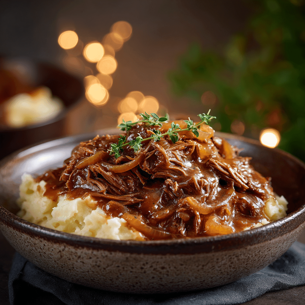lazy crockpot beef and onion gravy served in a bowl
