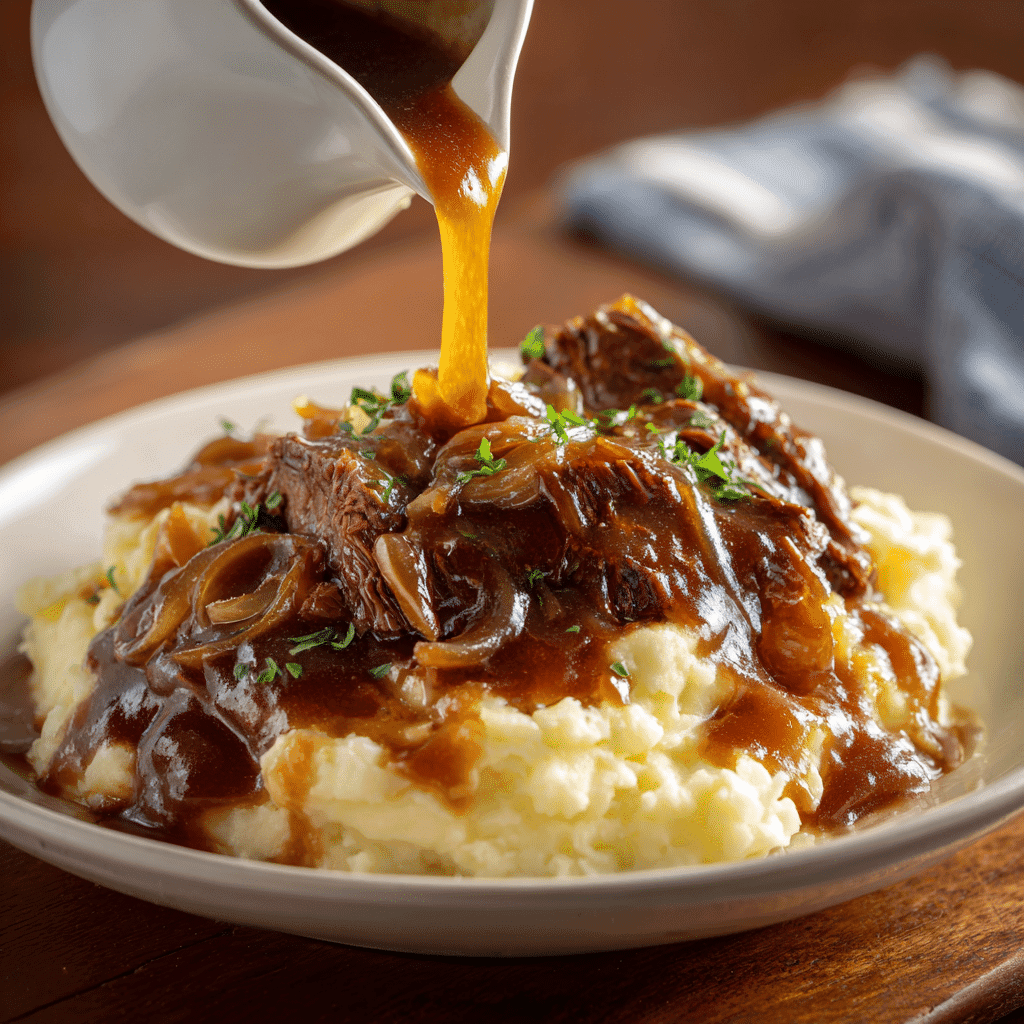 lazy crockpot beef and onion gravy served over mashed potatoes