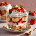 No-Bake Angel Food Cake Icebox Dessert layered with whipped cream and strawberries